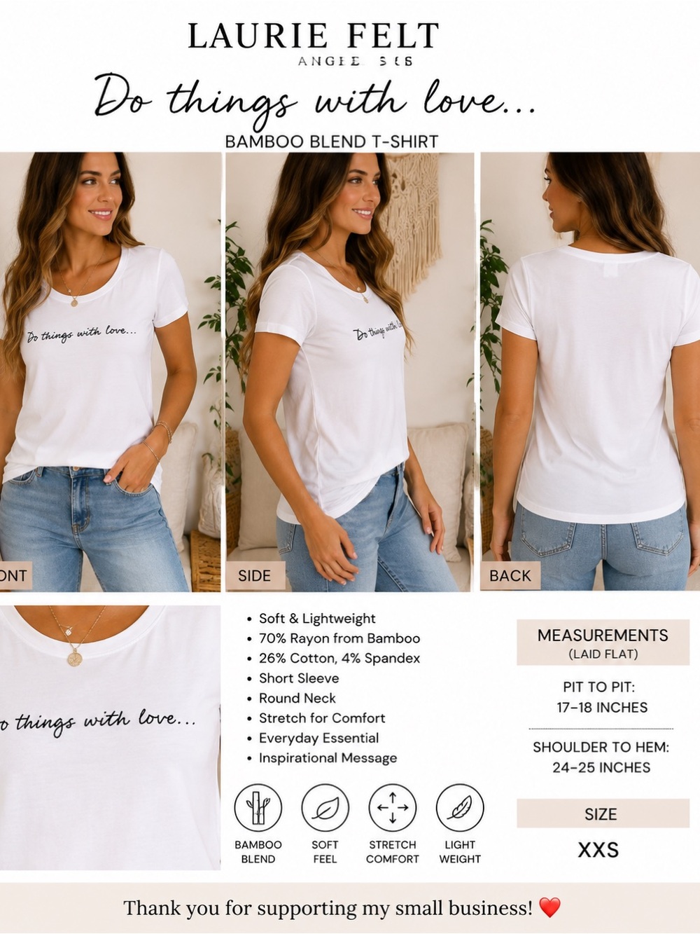 Laurie Felt Los Angeles XXS Do Things With Love Bamboo Blend White T-Shirt Tee
